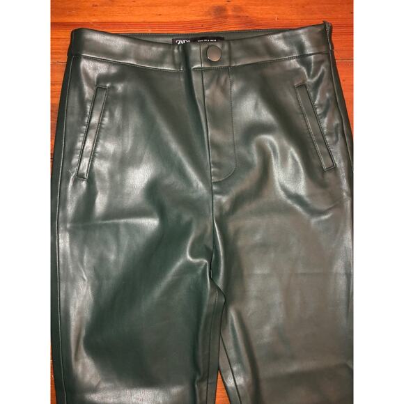 ZARA Green Faux Leather Leggings High Rise Ankle Zippers - Picture 6 of 12